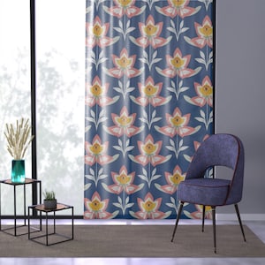 50 X 84 Inch Polyester Window Blue Curtain Pink Swedish Flowers Scandinavian Floral Semi Transparent Window Treatment Nordic Home Decor