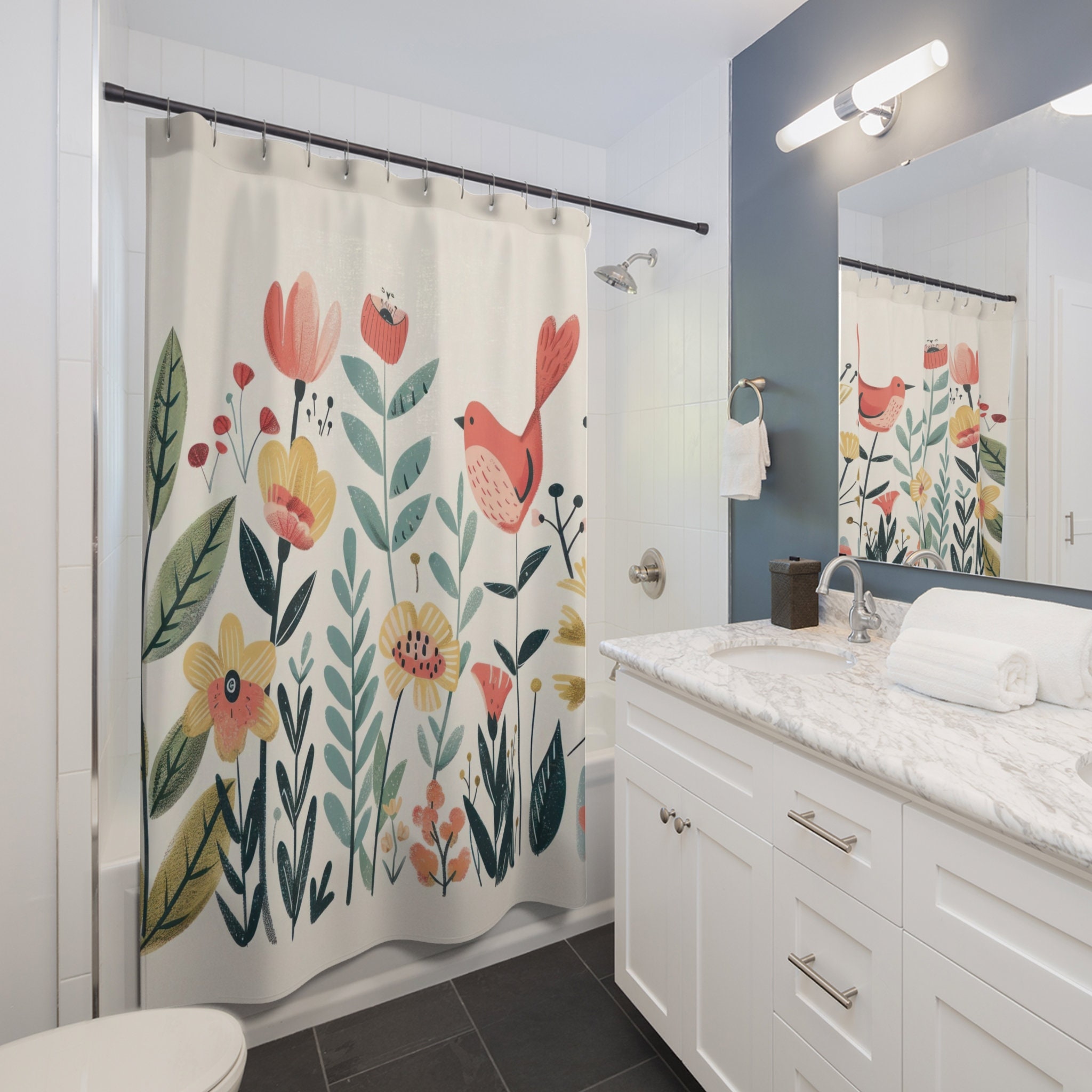 Peacock Shower Curtain - Asian Floral Bird Pattern Polyester Fabric Bathroom Set With Hooks, 70x70 Inch