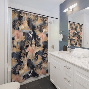 Dark Chinoiserie Gold and Blue Chinese Pattern Polyester 71 x 74 Inch Shower Curtain Boho Bathroom Decor Bath Curtain Asian Home Decor Gift