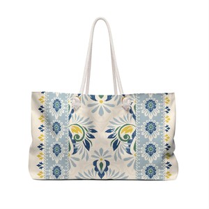 24x13 Polegada saco de fim de semana de poliéster fiado azul e amarelo floral padrão étnico saco de praia boho sacola t-bottom corda alça bolsa imagem 2