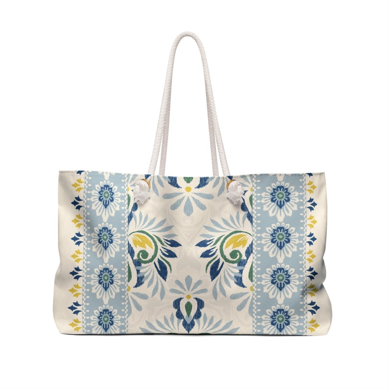 24x13 Polegada saco de fim de semana de poliéster fiado azul e amarelo floral padrão étnico saco de praia boho sacola t-bottom corda alça bolsa imagem 2
