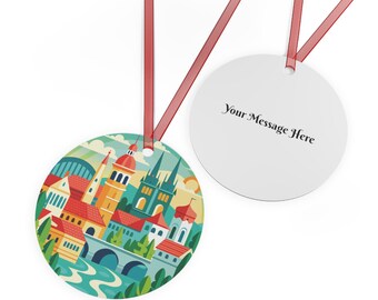 Personalized PRAGUE CZECH REPUBLIC City Skyline Travel 3.5" Round Metal Ornament with Red Ribbon Christmas Tree Decor Custom Holiday Gift