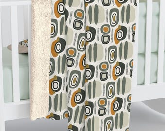 Beige saliegroen geometrisch patroon, gezellige sherpafleecedeken, warme bankkleed, boho woondecoratiecadeau