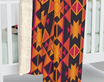 Acogedora manta polar Sherpa colorida inspirada en Navajo, patrón geométrico tribal del suroeste, tiro de sofá, decoración étnica del suroeste para el hogar, DOS TAMAÑOS