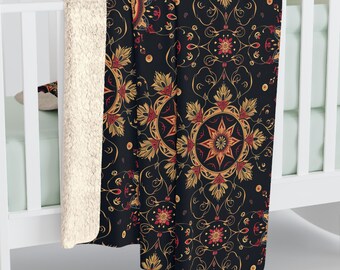 Black Boho Pattern, Cozy Sherpa Fleece Blanket, Soft Couch Throw Blanket, Home Decor Gift