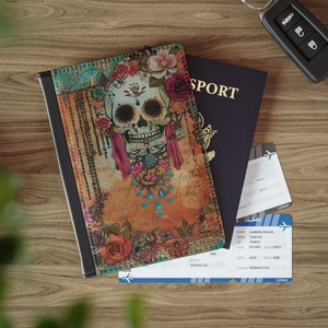 Art folklorique mexicain vintage motif crâne PORTEFEUILLE PASSEPORT simili cuir RFID bloquant la couverture de passeport accessoire de voyage international Mexique cadeau