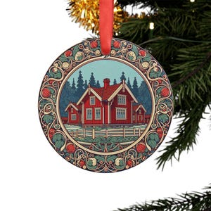 Stuga Decor SWEDEN Swedish Red Stuga House, Round Acrylic Ornament, Personalized ...