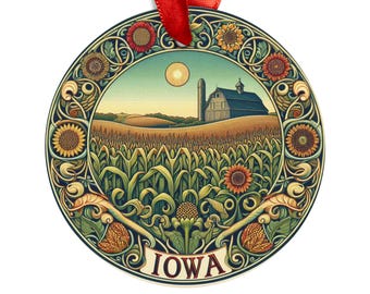 IOWA Rural View Round Acrylic Ornament, Personalized Gift, Art Nouveau Style Christmas Tree Ornament
