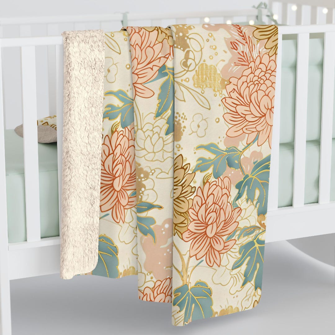 Japanese Pattern Throw Japanese Floral Pattern, Cozy Sherpa Fleece Blanket, Soft Couch Throw ...