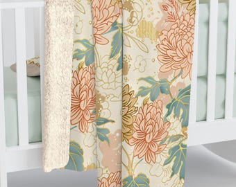 Japanese Floral Pattern, Cozy Sherpa Fleece Blanket, Soft Couch Throw, Japan Lover Gift, Asian Home Decoe