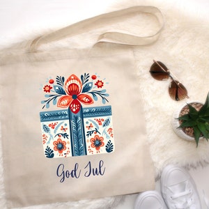 GOD JUL Norwegen Weihnachtsgeschenk Rosemaling Stil Nordische Volkskunst Kulturerbe Ancestry Pride 15 x 16 Zoll Baumwollleinentasche Einkaufstasche Einkaufstasche