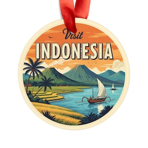 Visit Indonesia - Retro Travel Style - Round Acrylic Ornament - Personalized Gift - Holiday Decor - Travel Souvenir