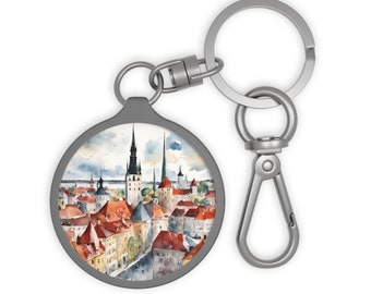 TALLINN ESTONIA City Skyline Estonian Travel Round Acrylic Metal Keyring Tag Baggage Keychain Backpack Zipper Charm Travel Accessory Gift