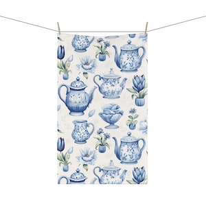 Blue Delft China Tile Inspired Floral Pattern 18 x 30 Inch Kitchen Tea Towel Cotton Twill Polyester Netherlands Dutch Home Decor Gift