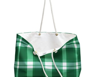 24 x 13 Inch Spun Polyester Weekender Bag Irish Green Plaid Pattern Beach Bag Boho Tote Bag T-Bottom Rope Handle Purse