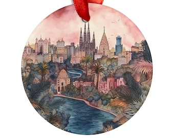 BARCELONA SPAIN City View Skyline Spanish Travel Heritage Family Roots Christmas Acrylic Ornament with Red Ribbon Holiday Gift