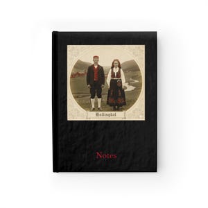 May include: Black hardcover journal with a sepia-toned image of a couple in traditional Norwegian clothing. The image is set in a decorative oval frame and features the word "Ballingdal". The word "Notes" is printed in red at the bottom.