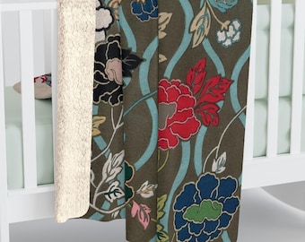 Vintage Japanese Flowers, Cozy Sherpa Fleece Blanket, Boho Floral Couch Throw, Asian Home Decor, Japan Lover Gift