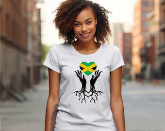 Jamaica Hands Heart Jamaican Family Tree Roots Heritage Ancestry Pride Unisex Jersey Short Sleeve Graphic Tee T-Shirt
