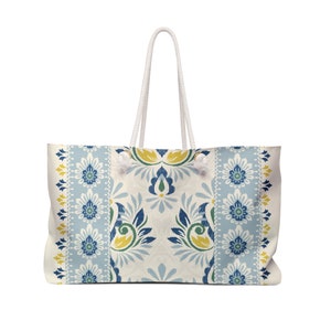 24x13 Polegada saco de fim de semana de poliéster fiado azul e amarelo floral padrão étnico saco de praia boho sacola t-bottom corda alça bolsa imagem 1