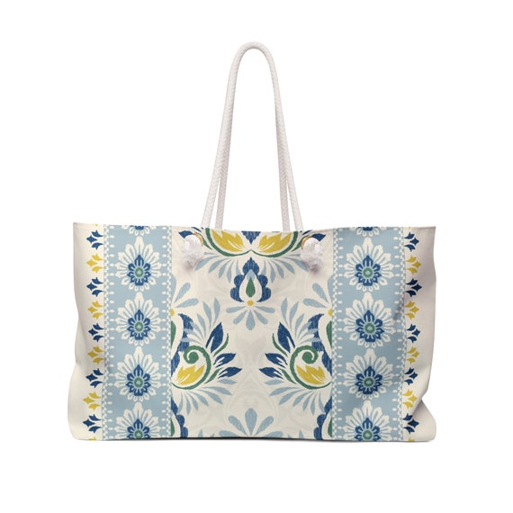 24 x 13 Inch Spun Polyester Weekender Bag Blue and Yellow Floral Ethnic Pattern Beach Bag Boho Tote Bag T-Bottom Rope Handle Purse