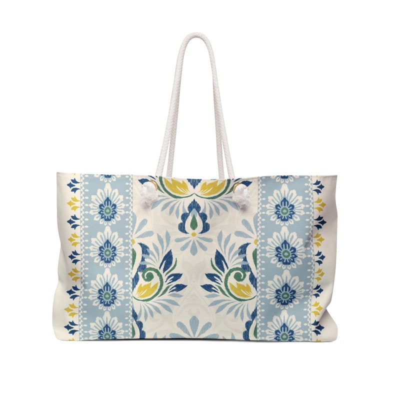 24x13 Polegada saco de fim de semana de poliéster fiado azul e amarelo floral padrão étnico saco de praia boho sacola t-bottom corda alça bolsa imagem 1