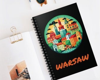 WARSAW POLAND City Skyline Travel Diary 6 x 8 Inches Spiral Notebook 118 Ruled Line Pages with Storage Pocket Dream Journal Polish Gift