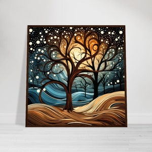 Notte stellata Linee ondulate Alberi Fantasia Foresta Carta opaca premium Poster con cornice in legno Cornice in legno scuro o pino naturale Decorazione da parete ecologica