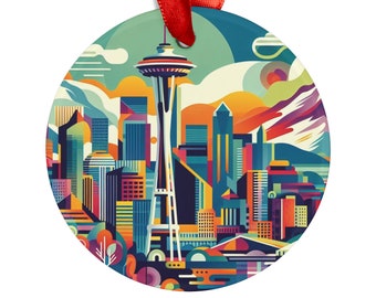 SEATTLE WASHINGTON Skyline City View, WA Travel, Abstract Art Round Acrylic Ornament, Personalized Gift, Christmas Tree Ornament