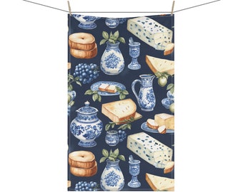 Niederländisch inspiriertes Muster, Käse, Lebensmittel, Delfter China, 45,7 x 76,2 cm, Küchen-Geschirrtuch, Baumwoll-Twill, Polyester, Niederlande, Holland, Heimdekoration, Geschenk