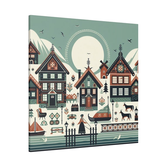 Folk Art Inspired NORWAY Norwegian Village in Winter 0.75