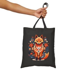 FOX Nordischer Stil Folk Art Skandinavisch Tierkunst Schwarz oder Natürlich Baumwollleinwand 15 x 16 Zoll Tragetasche Einkaufstasche Buchtasche Geschenk