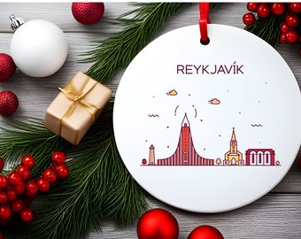 REYKJAVIK ICELAND City Skyline Illustration, Icelandic Travel Round White Acrylic Ornament, Personalized Gift, Christmas Tree Ornament