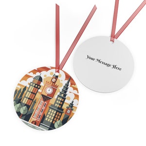 Personalized LONDON ENGLAND City Skyline British Travel 3.5&quot; Round Metal Ornament with Red Ribbon Christmas Tree Decor Custom Holiday Gift