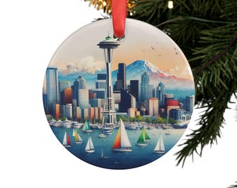 SEATTLE WASHINGTON Skyline, Round Acrylic Ornament, WA Travel Gift, Personalized Gift, Christmas Tree Ornament