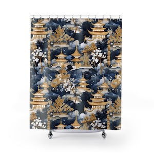 Dark Chinoiserie Gold and Blue Chinese Pattern Polyester 71 x 74 Inch Shower Curtain Boho Bathroom Decor Bath Curtain Asian Home Decor Gift