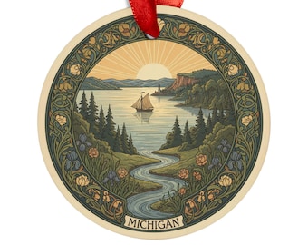 May include: Round ornament with a scenic landscape of a lake, sailboat, and trees, with the word "MICHIGAN" at the bottom. The ornament has a decorative border and a red ribbon for hanging.