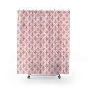 May include: A pink and white shower curtain with a repeating pattern of stylized flowers. The flowers are a light pink color with a darker pink outline and a yellow center.