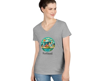 Könnte beinhalten: Graues V-Ausschnitt-T-Shirt mit einem kreisförmigen Grafikdesign einer Stadtlandschaft und dem Wort "Portland". Das Design umfasst Gebäude, Berge, einen Fluss und eine Sonne.