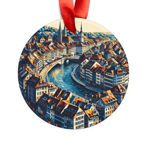 May include: A round metal ornament featuring a colorful illustration of a city skyline with a river winding through it. The buildings are a mix of red, yellow, blue, and green, and the river is a deep blue. The ornament is perfect for adding a touch of European charm to your holiday decor.
