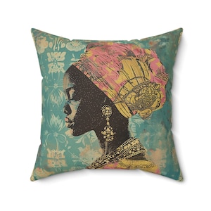 Boho African Queen Black Woman Spun Polyester Square PILLOW AND COVER Vintage Inspired Throw Pillow Africa Home Decor Gift 4 Sizes