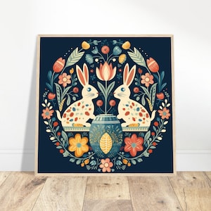 BUNNY RABBITS Nordic Folk Art Print Premium Matte Paper Pine Wood Wooden Framed Poster Eco Friendly Wall Art Scandinavian Easter Home Decor