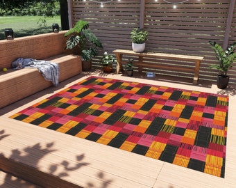 Colorful Kente Style Pattern Outdoor Rug Ethnic Porch Decor African Deck Patio Floor Covering
