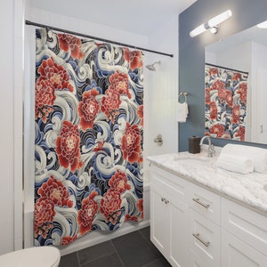 Japanese Floral Wave Pattern Polyester 71 x 74 Inch Shower Curtain Japan Bathroom Decor Bathtub Curtain Asian Home Decor