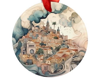 LISBON PORTUGAL City View, Portuguese Travel Round Acrylic Ornament, Personalized Gift, Christmas Tree Ornament, Holiday Decoration Gift