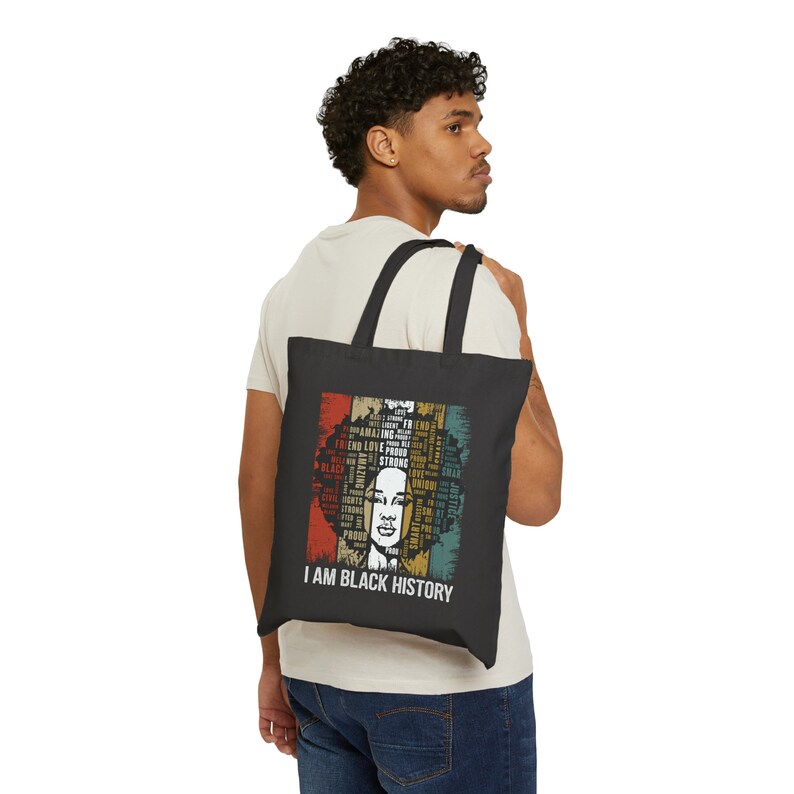 HISTORIA NEGRA Mujer Lona de algodón negro 15 x 16 pulgadas Bolsa de mano Orgullo afroamericano Patrimonio Ascendencia Raíces familiares Bolsa de compras Bolsa de libros imagen 4