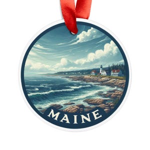 MAINE Coastal Landscape, USA Travel Round Acrylic Ornament, Personalized Gift, Custom Christmas Tree Ornament