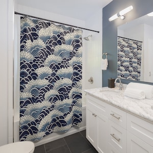 Blue Japanese Pattern Polyester 71 x 74 Inch Shower Curtain Japan Bathroom Decor Bathtub Curtain Asian Home Decor