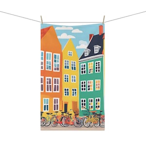 COPENHAGEN DENMARK Bicycles Colorful Buildings 18 x 30 Inch Kitchen Tea Towel Cotton Twill Polyester Towel Home Decor