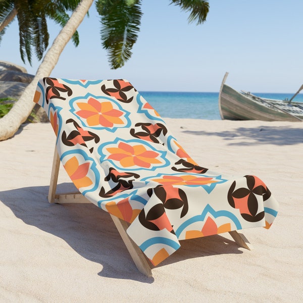 Mediterranean Tile Pattern Beach Towel Polyester Cotton Loop Backing Heavyweight Boho Towel TWO SIZES